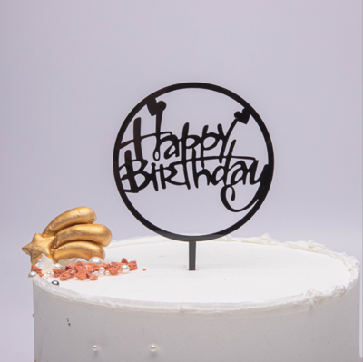 Cake Topper Round Black Happy Birthday