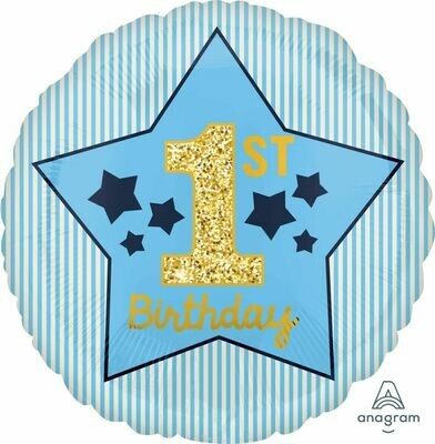 18"/45 cm Boy 1st Birthday Blue and Gold Foil Balloon *Helium Filled*