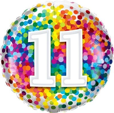 18"/45 cm Age 11 Rainbow Confetti Birthday Foil Balloon *Helium Filled*