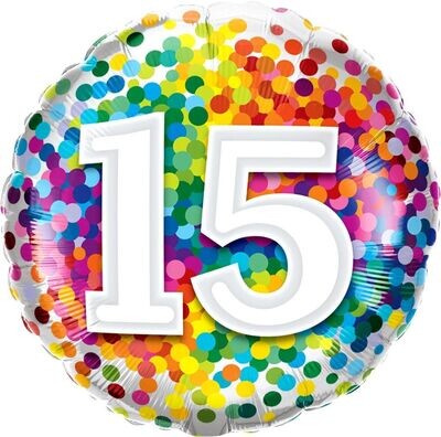 18"/45 cm Age 15 Rainbow Confetti Birthday Foil Balloon *Helium Filled*