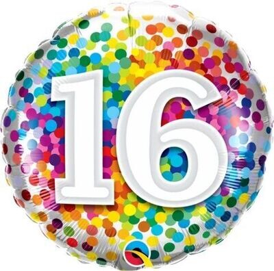 18"/45 cm Age 16 Rainbow Confetti Birthday Foil Balloon *Helium Filled*