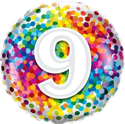 18"/45 cm Age 9 Rainbow Confetti Birthday Foil Balloon *Helium Filled*