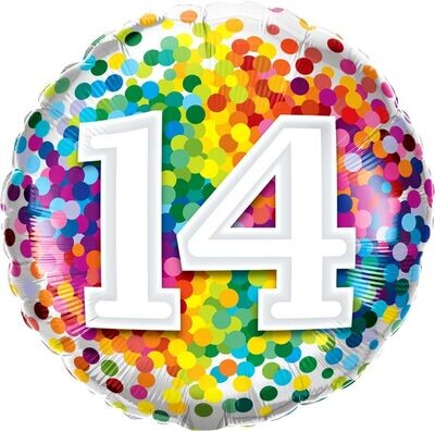 18&quot;/45 cm Age 14 Rainbow Confetti Birthday Foil Balloon *Helium Filled*