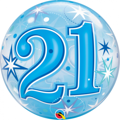 21st Blue Starburst Sparkle Bubble Balloon *Helium filled*