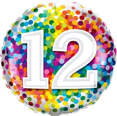 18"/45 cm Age 12 Rainbow Confetti Birthday Foil Balloon *Helium Filled*