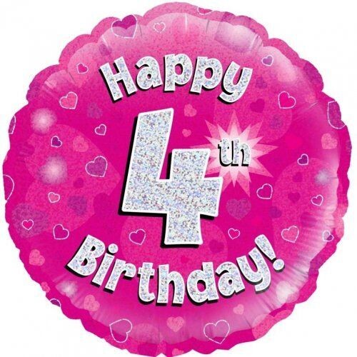 18&quot;/45 cm Happy 4th Birthday Pink Holographic *Helium Filled*