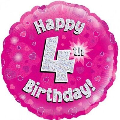 18"/45 cm Happy 4th Birthday Pink Holographic *Helium Filled*