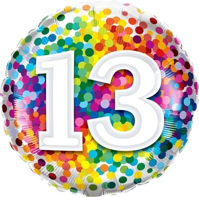 18"/45 cm Age 13 Rainbow Confetti Birthday Foil Balloon *Helium Filled*
