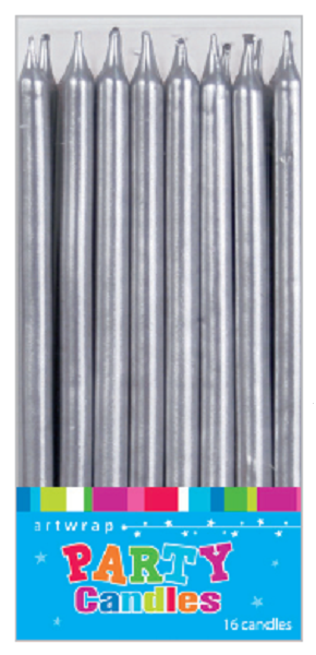 Tall Silver Birthday Pencil Shaped Candles 12 cm 16 pk
