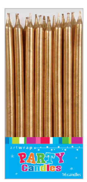 Tall Gold Birthday Pencil Shaped Candles 12 cm 16 pk