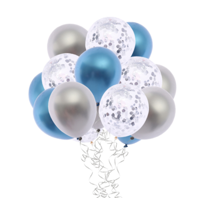 Chrome Blue &amp; Silver Confetti Latex Balloon Bouquet with Helium