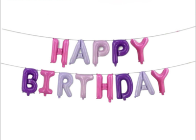🎀 16" Pink &amp; Purple "Happy Birthday" Letter Banner (Air-Filled &amp; Pre-Strung) 🎀