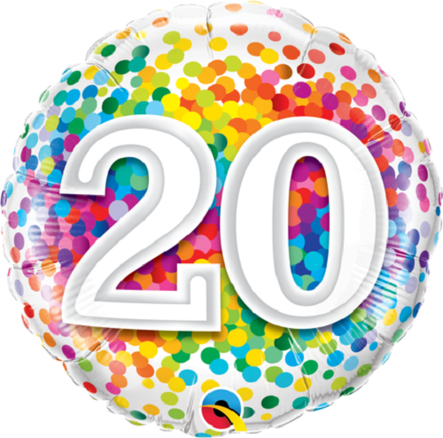 18"/45 cm Age 20 Rainbow Confetti Birthday Foil Balloon *Helium Filled*