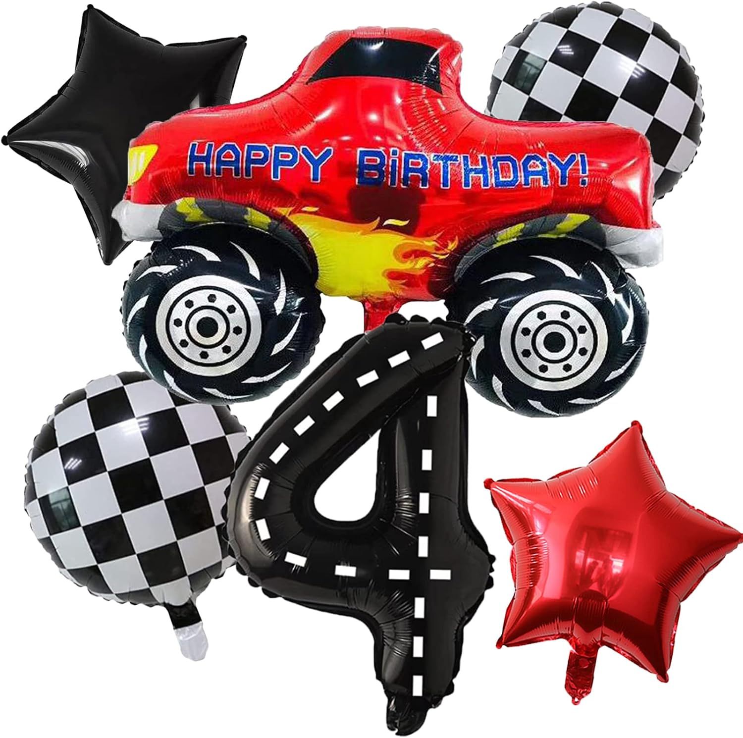 🌟 Deluxe Monster Truck 4th Birthday Foil Balloon Bouquet (Helium Inflated) 🌟