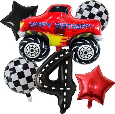 🌟 Deluxe Monster Truck 4th Birthday Foil Balloon Bouquet (Helium Inflated) 🌟