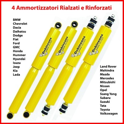 4 Ammortizzatori Rialzati BMW Chevrolet Dacia Daihatsu Dodge Fiat Ford GMC Honda Hummer Hyundai Isuzu Jeep Kia Lada Land Rover Mahindra Mazda Mercedes Mitsubishi Nissan Opel Ssang Yong Subaru Suzuki