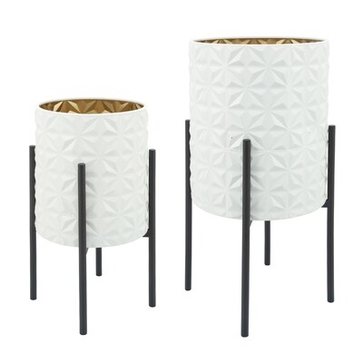 S/2 AZTEC PLANTER ON METAL STAND, WHITE/GOLD