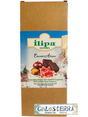 Chocolate negro con jamón crujiente de castaña gran reserva (Sin gluten) Chocolate negro con jamón crujiente de castaña gran reserva (Sin gluten)