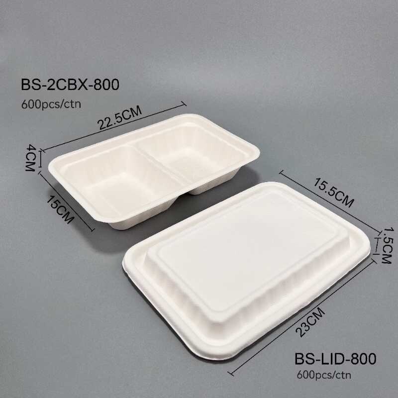 BS-2CBX-800;Lid:Lid:BS-Lid-800 甘蔗渣800ml兩格飯盒＋分蓋 600pcs