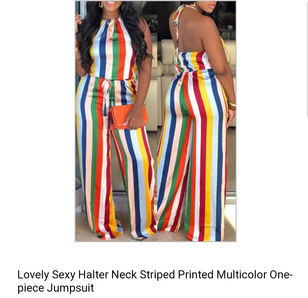 Lovely Sexy Halter Neck Striped Printed Multicolor One-piece Jumpsuit
