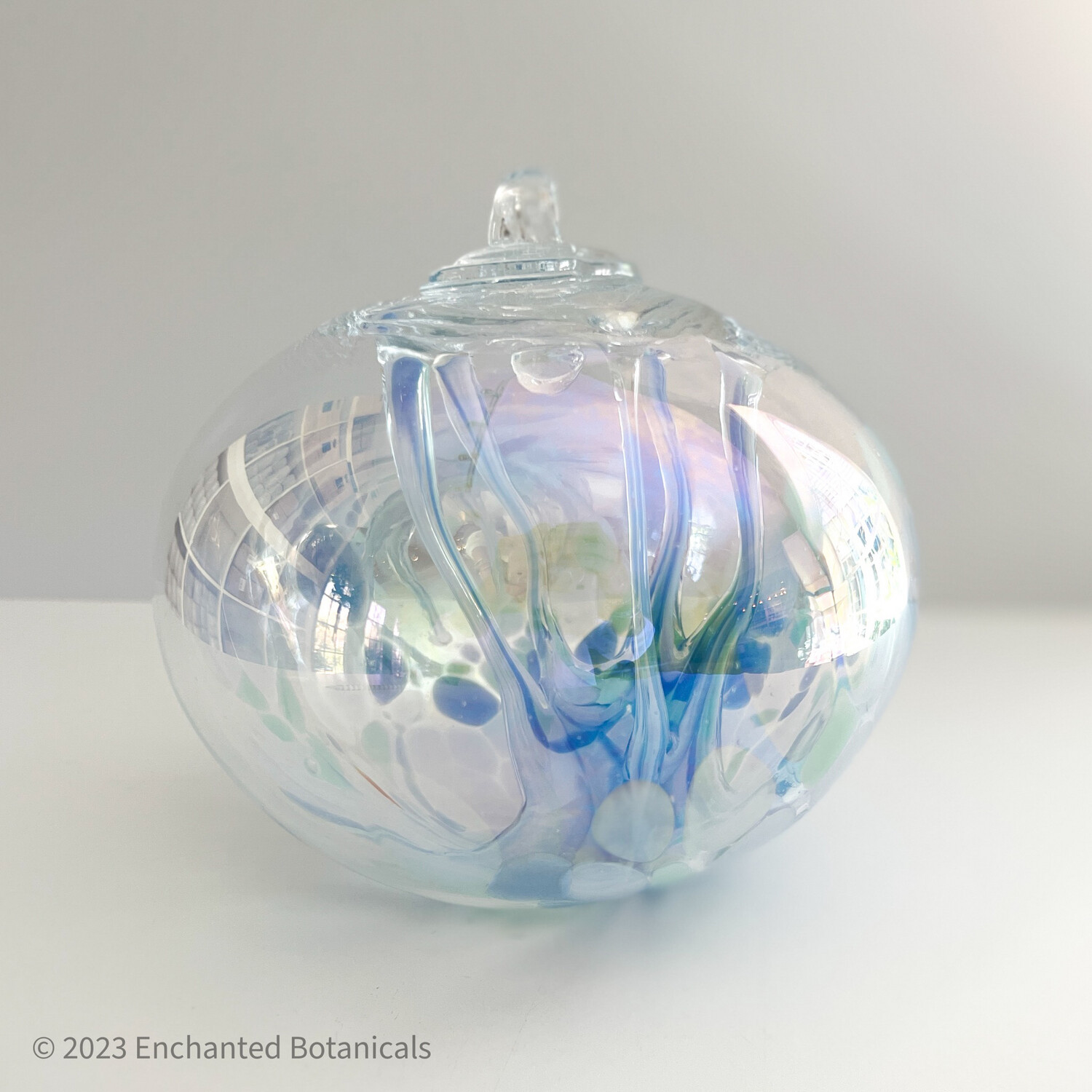 WITCH BALL 6” Pale Blues and Greens Iridescent Juju Shape