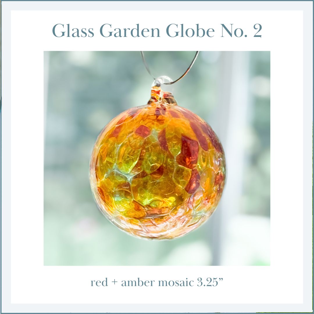 GLASS GARDEN GLOBE No. 02 — red + amber mosaic 3.25&quot;