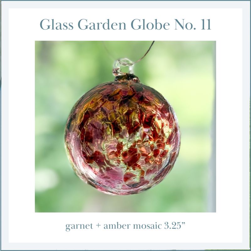 GLASS GARDEN GLOBE No. 11 — garnet + amber mosaic 3.25"