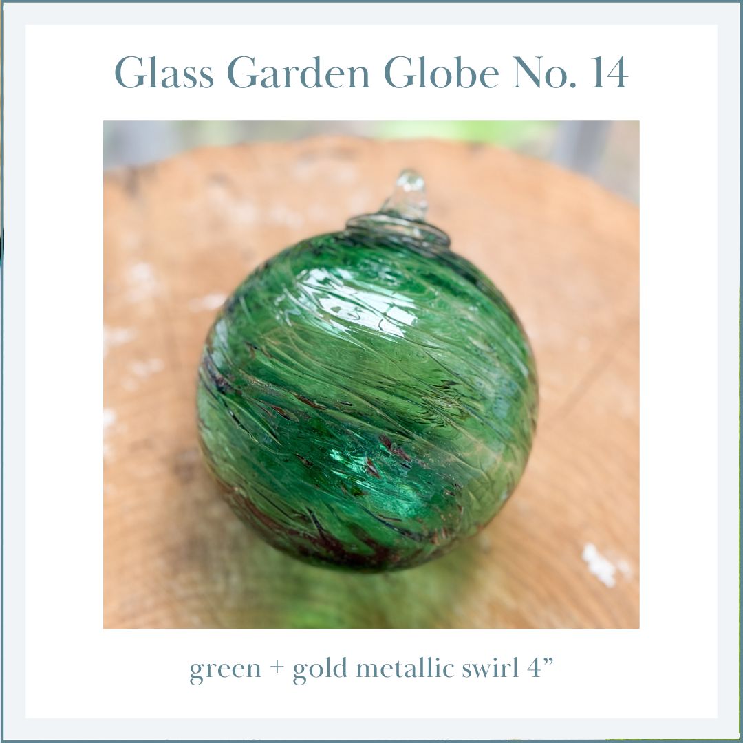 GLASS GARDEN GLOBE No. 14 — green +gold metallic swirl 4&quot;