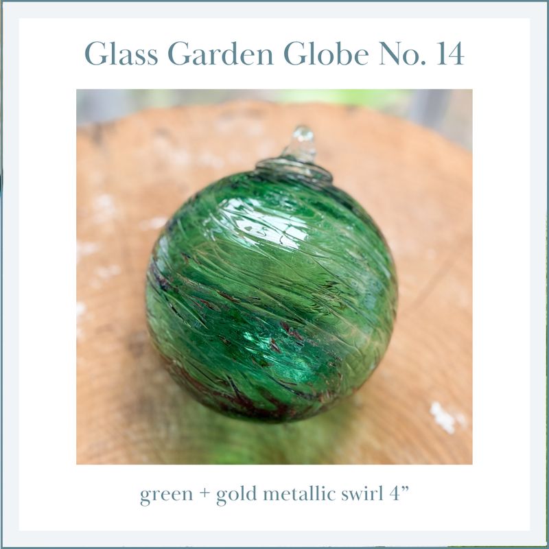 GLASS GARDEN GLOBE No. 14 — green +gold metallic swirl 4"