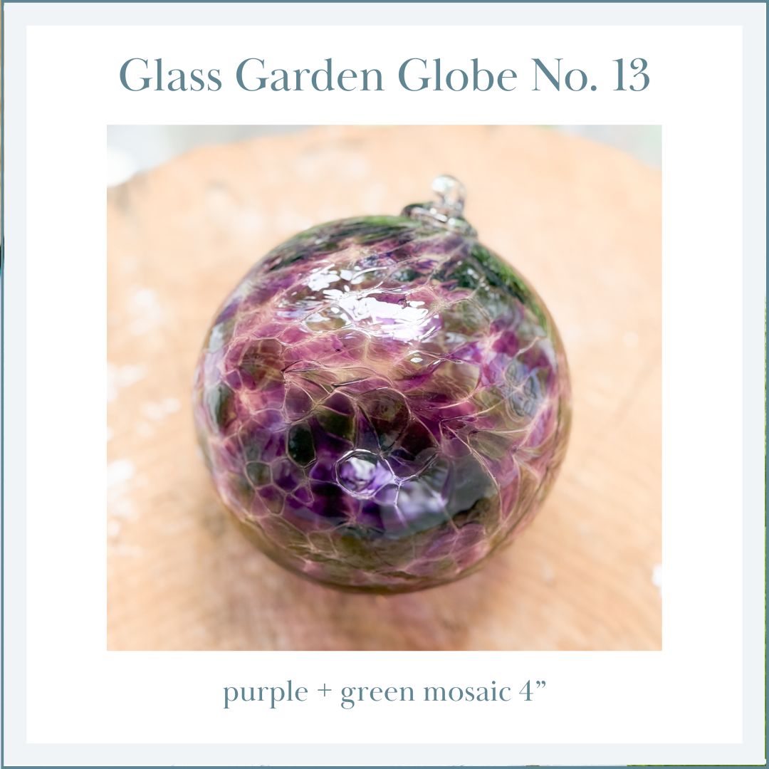GLASS GARDEN GLOBE No. 13 — purple + green mosaic 4&quot;