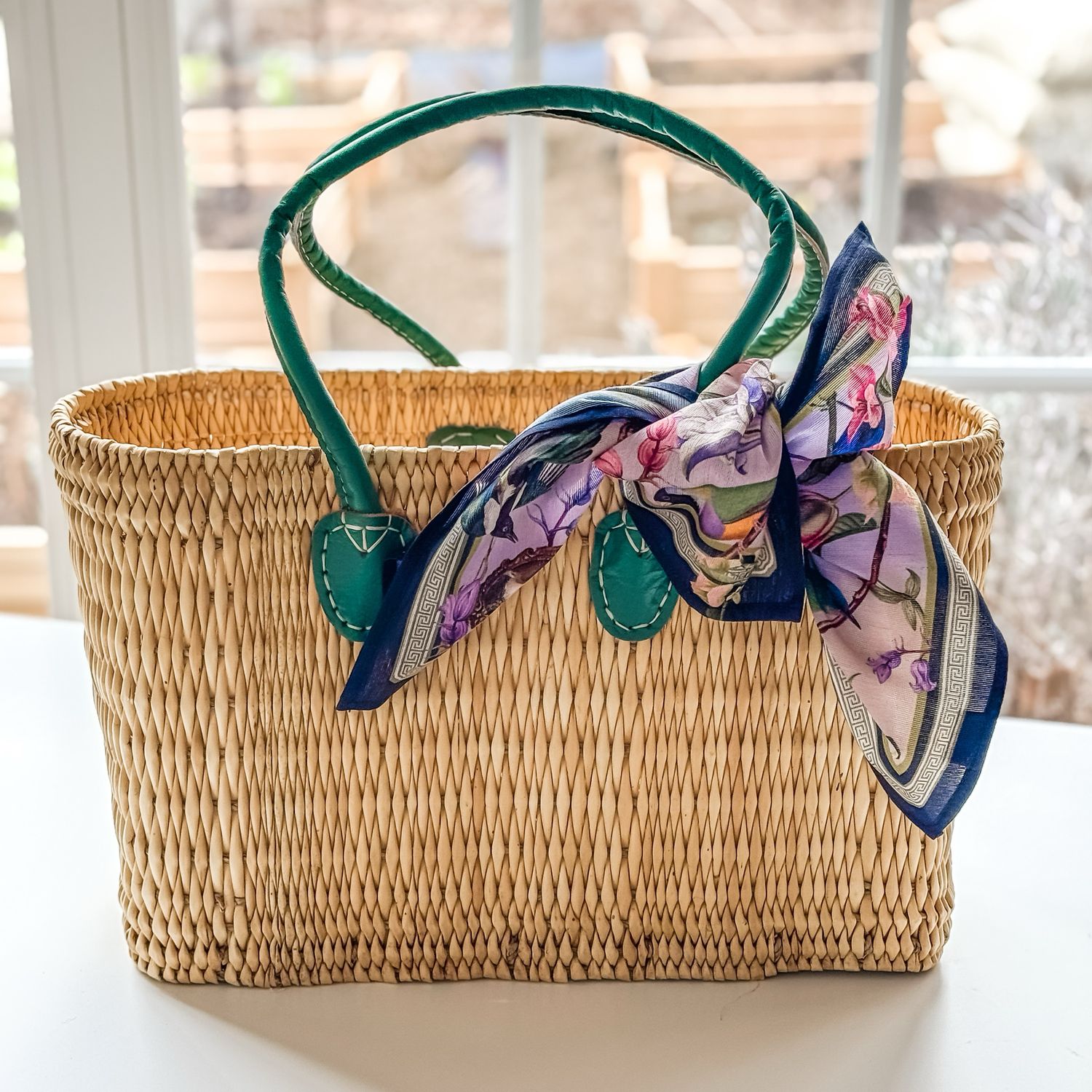 CLASSIC MARKET BASKET with Green Leather Handles (Large)
