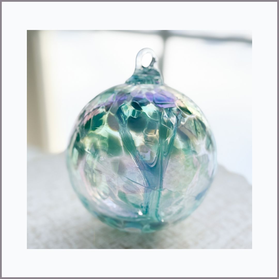 WITCH BALL 4” Aqua + White Iridescent