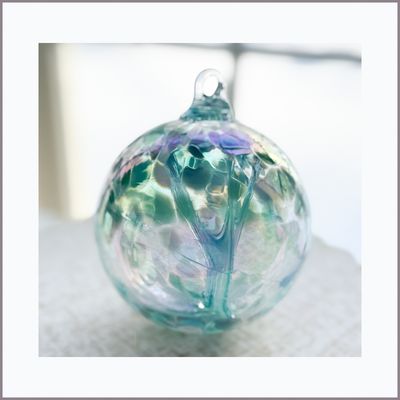 WITCH BALL 4” Aqua + White Iridescent