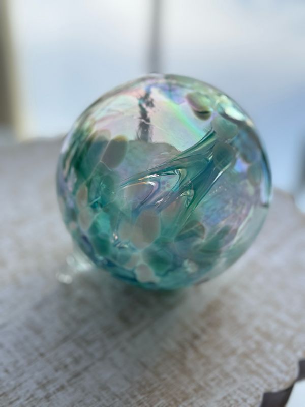 WITCH BALL 4” Aqua + White Iridescent