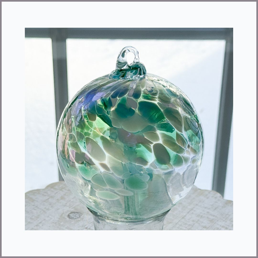 WITCH BALL 4” Light Green + Aqua + White Iridescent