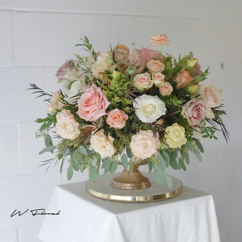 Lush Round Dinner Table Flowers Compote Centrepiece