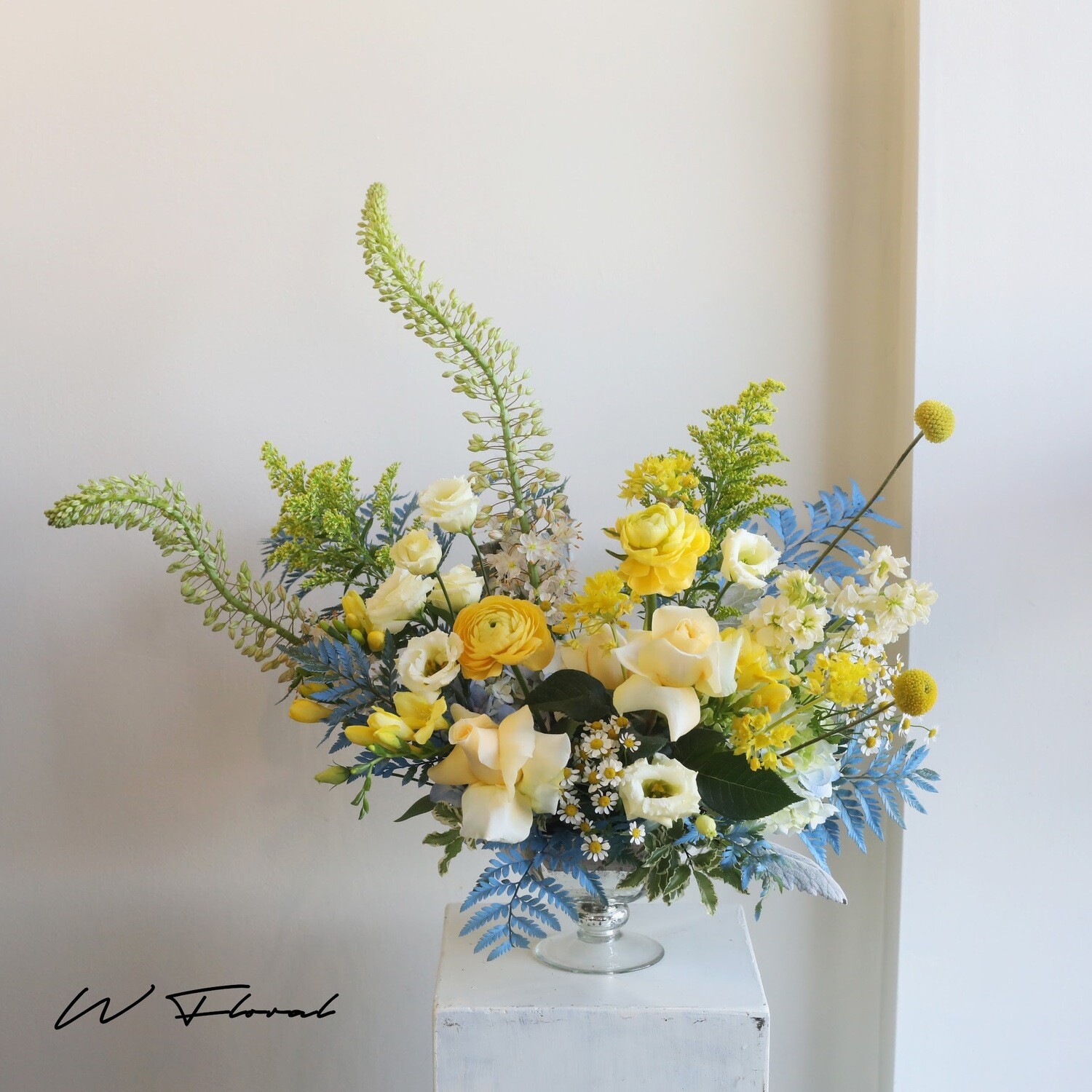 Gold Lida Bowl Blue Yellow Accent Arrangement