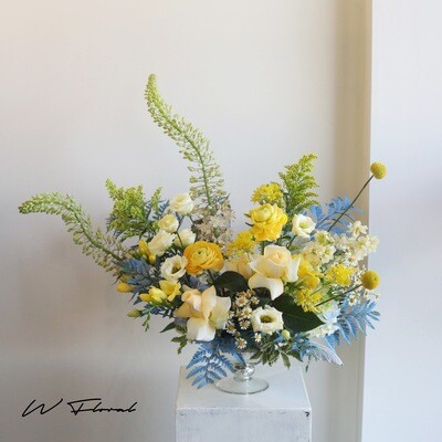 Gold Lida Bowl Blue Yellow Accent Arrangement