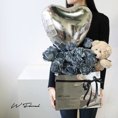 Silver Teddy Box Heart Grey Rose - Valentine's Day 2023