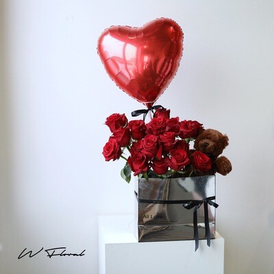 Silver Teddy Box Heart Red Rose - Valentine's Day 2023