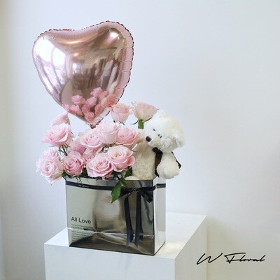 Silver Teddy Box Heart Pink Rose - Valentine's Day 2023