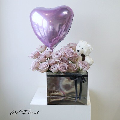 Silver Teddy Box Heart Lavender Rose - Valentine's Day 2023