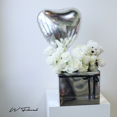 Silver Teddy Box Heart White Rose
