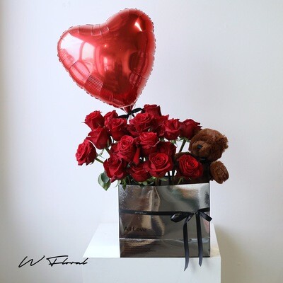 Silver Teddy Box Heart Red Rose
