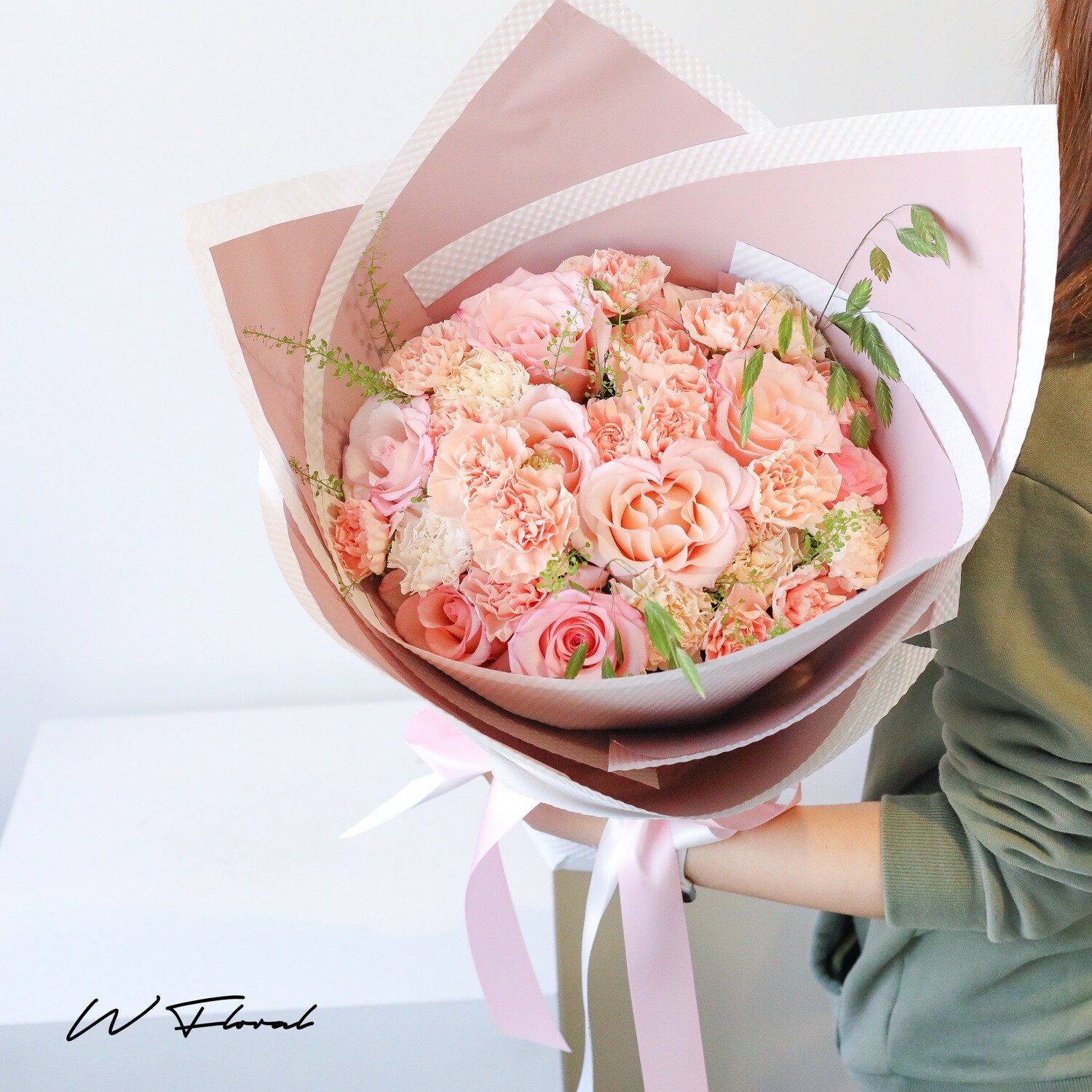 Peach Medley Mixed Bouquet - Peach Carnation and Rhoslyn Rose