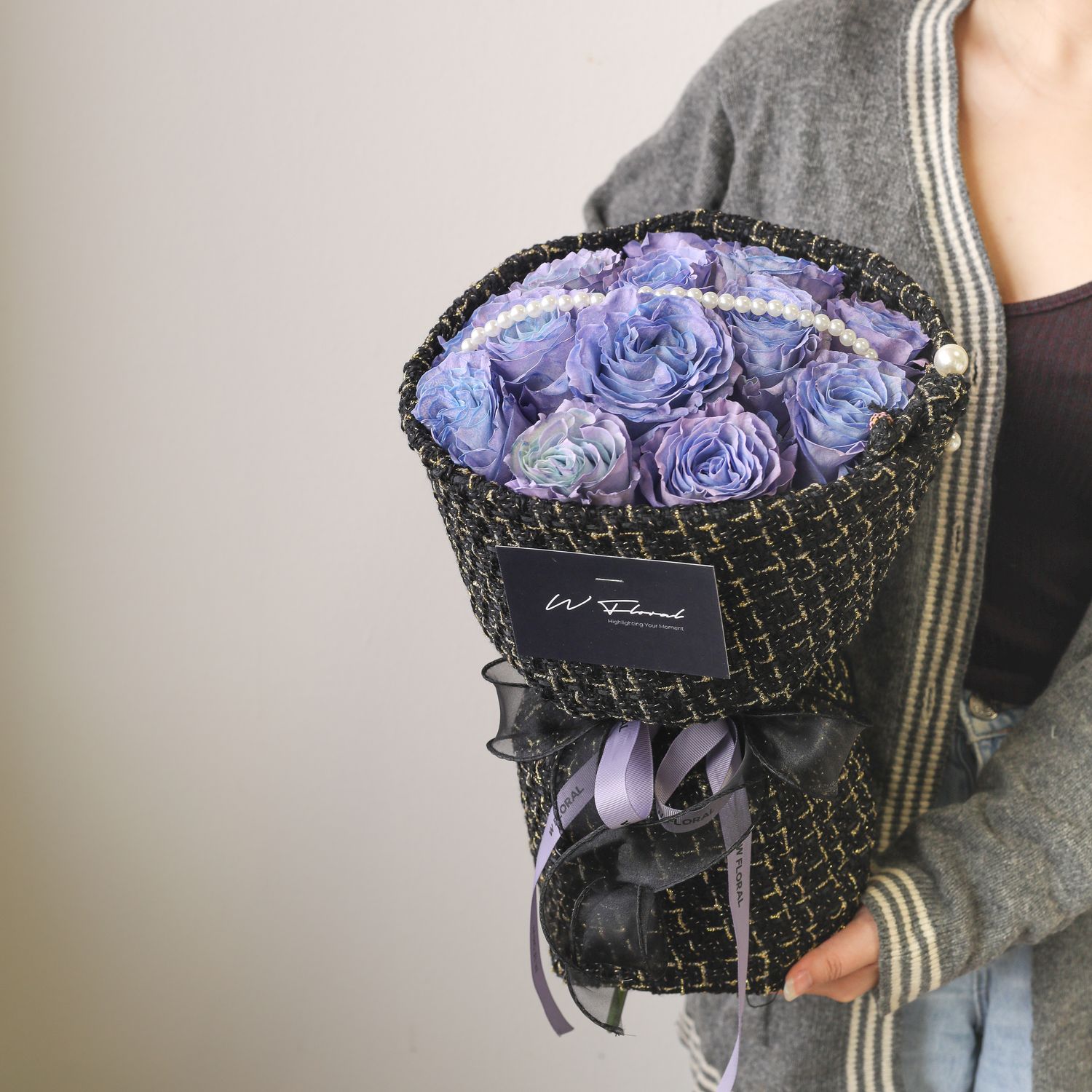 Chanel Pearl Blue Lavender Rose Round Bouquet