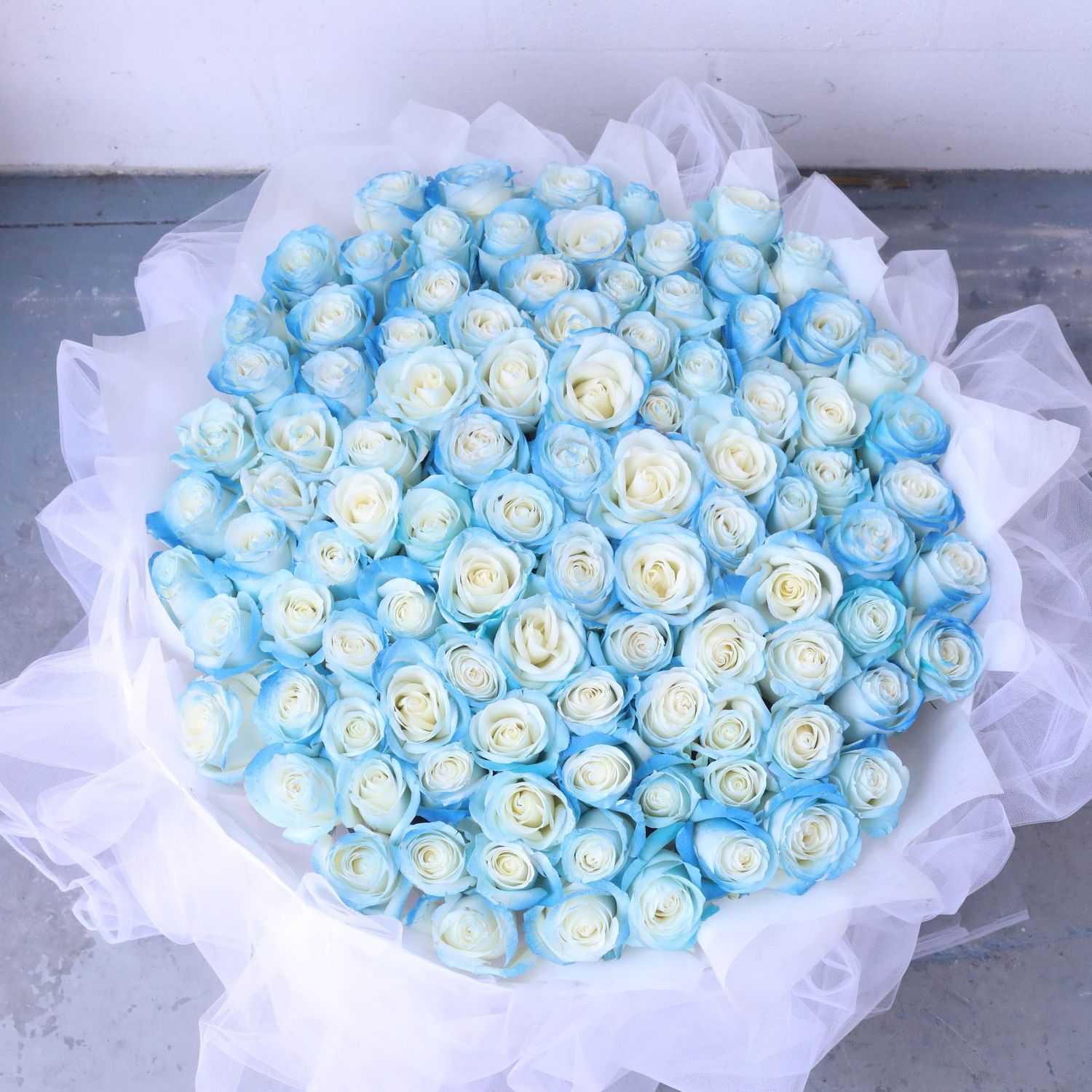 White Chiffon Icy Blue Roses