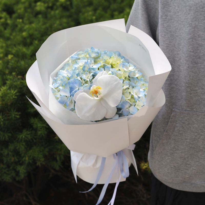 Soft Cloud Hydrangea and Orchid Bouquet