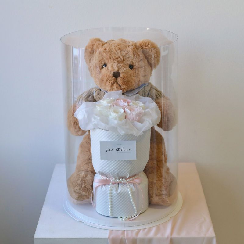 The Teddy Bear Preserved Rose Bouquet Box -  Pink and White Rose
