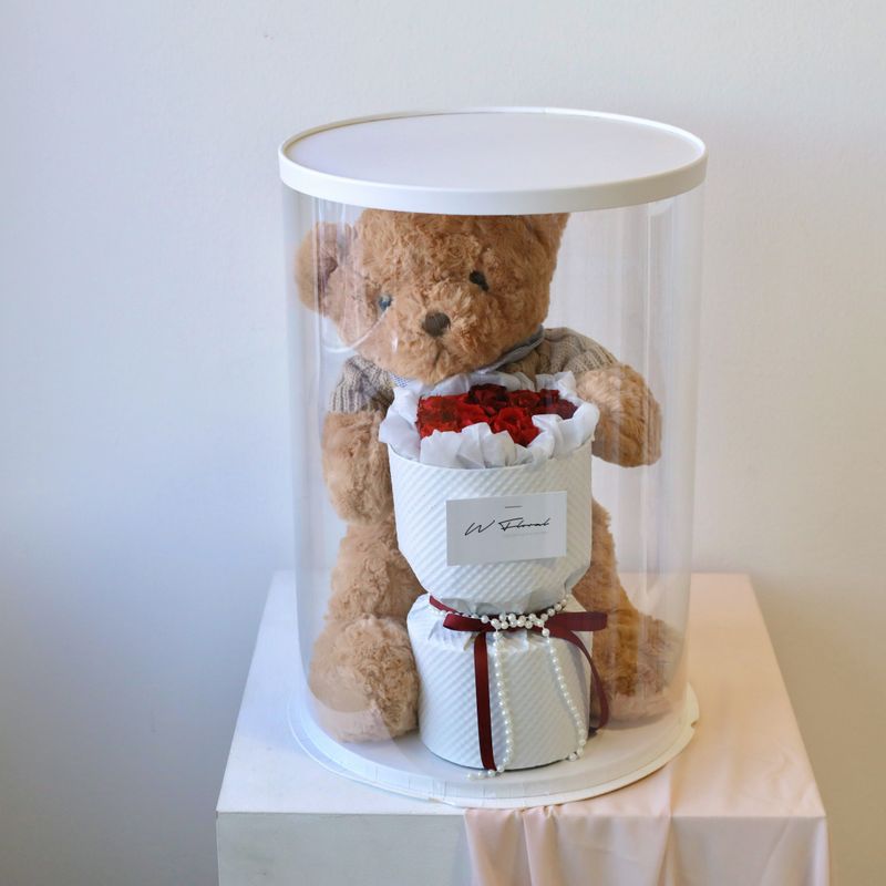 The Teddy Bear Preserved Rose Bouquet Box - Mini Red Rose